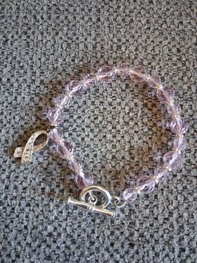 Pink Crystal Beaded Awareness Bracelet with Ribbon Charm